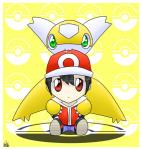 ambiguous_gender anthro bite black_hair border bottomwear chibi claws clothed clothing duo feral footwear green_eyes hair hat headgear headwear jacket looking_at_viewer male nude pants pattern_background pokeball pokeball_background red_eyes shoes simple_background sitting topwear white_body white_border white_skin yellow_background yellow_body yellow_skin sol-lar-bink nintendo pokemon enatias fan_character pokemon_trainer red_(pokemon) generation_3_pokemon human latias legendary_pokemon mammal pokemon_(species) shiny_pokemon 2014 digital_media_(artwork) watermark