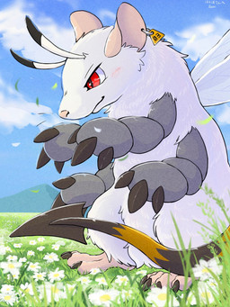 4_arms ambiguous_gender antennae_(anatomy) black_claws blush claws cloud day detailed_background ear_piercing ear_tag feet feral field flower fur grass insect_wings monotone_body mountain multi_arm multi_limb outside piercing pink_nose plant red_eyes sky solo spade_tail tail toes white_body white_fur wings fusau arthropod hybrid hymenopteran insect mammal murid murine rat rodent wasp 2023 3:4 detailed hi_res