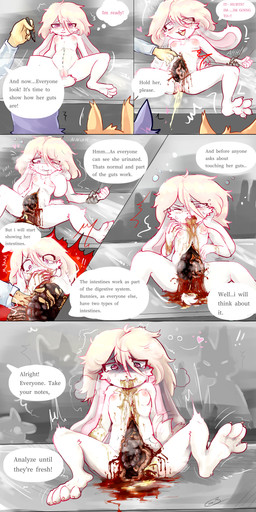 anthro bodily_fluids body_drawing breasts classroom clothing crying duo feet female feral fur genital_fluids genitals gore gore_focus guts gutspill hair imminent_death intestines male organs peeing pink_body pink_fur school snuff spread_toes tears text toes undressing urine vomit vomiting vulva young young_anthro young_female gorebunny snezha_(slowderpyguy) lagomorph leporid mammal rabbit absurd_res comic english_text hi_res