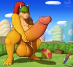 anthro balls biceps big_balls big_penis claws clothing cloud detailed_background duo erection eyebrows fingers fungus genitals grass hair hat headgear headwear horn huge_balls huge_penis humanoid_genitalia humanoid_penis hyper hyper_balls hyper_genitalia hyper_penis male mega_mushroom muscular muscular_anthro muscular_male mushroom nipples nude outside pecs penis plant ponytail shrub sky vein timidwithapen mario_bros nintendo bowser_jr. mario koopa scalie digital_media_(artwork) hi_res