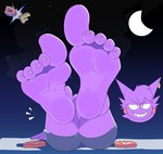 5_toes anthro biped clothing feet female flip_flops foot_fetish foot_focus footwear humanoid_feet logo looking_at_viewer lying moon musky_feet night on_back outside piercing plantigrade ring_piercing sandals shoes soles solo speech_bubble toes dangerfeet nintendo pokemon giselle_(giselleandvivian) generation_1_pokemon gengar pokemon_(species) 2023 artist_logo