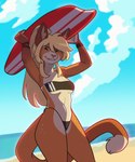 anthro beach blonde_hair breasts clothing countershading dipstick_tail ear_piercing female fur hair inner_ear_fluff markings one-piece_swimsuit orange_body orange_fur piercing seaside solo surfboard swimwear tail tail_markings translucent translucent_clothing translucent_swimwear tuft under_boob merlinmakes gris_swimsuit meme_clothing freyja_(merlin) domestic_cat felid feline felis mammal 2022 absurd_res hi_res meme portrait three-quarter_portrait