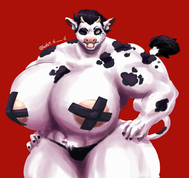 2_horns anthro big_breasts black_body black_clothing black_fur black_spots black_thong black_underwear breasts clothing female fur green_eyes horn huge_breasts muscular muscular_anthro muscular_female nipples pink_nipples pink_nose solo spots thong underwear limbo6_6 ingrid_(limbo6_6) bovid bovine cattle mammal hi_res