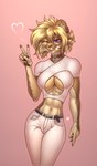 anthro athletic clothing collar female gesture hand_gesture one_eye_closed smile smiling_at_viewer solo tongue tongue_out v_sign hermitpioneer falla_(f-r95) felid mammal prehistoric_species saber-toothed_tiger smilodon absurd_res hi_res