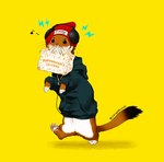 anthro bag beanie bottomless brown_body brown_fur clothed clothing electronics food fur hat headgear headphones headwear hoodie male slim solo topwear ichigodawashi popeyes mammal mustelid musteline true_musteline weasel hi_res