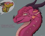 dialogue duo feral horn humor joke laugh male offscreen_character text apollyondragon mythology wings_of_fire jambu_(wof) pineapple_(wof) dragon mythological_creature mythological_scalie scalie 2024 digital_media_(artwork) english_text half-length_portrait portrait signature