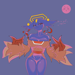 anthro bedroom_eyes big_breasts black_eyes black_nose bottomless breasts cleavage clothed clothing dialogue ear_piercing eyelashes eyeshadow feathered_wings feathers featureless_crotch female floppy_ears forehead_gem front_view fur gem halo looking_at_viewer lop_ears makeup narrowed_eyes navel piercing pupils purple_background purple_body purple_fur red_body red_clothing red_eyeshadow red_feathers red_topwear seductive simple_background slit_pupils smile solo talking_to_viewer text thick_thighs thigh_gap topwear wide_hips winged_arms wings porporpor nine_sols red_candle_games goumang_(nine_sols) felid feline mammal solarian 1:1 hi_res
