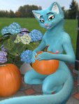 anthro blep blue_body blue_fur breasts crouching female flower food fruit fur holding_object hydrangea nipples notched_ear nude outside pink_nipples plant pumpkin solo tongue tongue_out whiskers bananastheleech kraft_trio felid mammal 3:4 3d_(artwork) digital_media_(artwork) hi_res