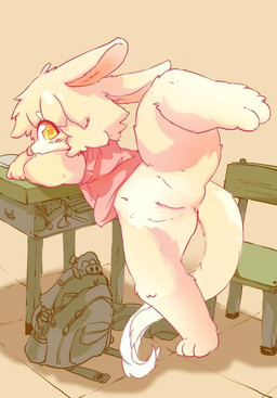 anthro anus back_twist backpack bag bottomless butt chair clitoris clothed clothing desk female flexible flexing fur furniture genitals leaning_on_object loli looking_at_viewer on_one_leg one_leg_up presenting raised_leg school_desk shortstack solo spread_legs spreading standing table tan_body tan_fur vulva white_body white_fur yellow_eyes young young_anthro young_female etherwuther lagomorph leporid mammal rabbit unknown_species character_request