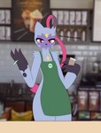 anthro apron apron_only claws clothing coffee_cup container court cup femboy long_claws looking_at_viewer male mostly_nude solo standing text max_draws nintendo pokemon pokemon_legends_arceus starbucks generation_8_pokemon pokemon_(species) sneasler absurd_res hi_res