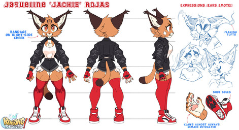angry anthro bandage bandage_on_face big_pupils biped bottomwear breasts brown_body brown_fur burning cheek_tuft choker claws clenched_teeth clothing denim denim_bottomwear denim_clothing denim_shorts dilated_pupils ear_tuft expressions eyebrows eyes_closed facial_tuft female finger_claws fingerless_gloves floppy_ears footwear fur gloves handwear head_tuft hotpants jacket jewelry leather leather_clothing leather_jacket leather_topwear legwear long_tail looking_at_viewer muscular muscular_thighs necklace no_pupils open_mouth open_smile orange_eyes pawpads pleading_eyes pointy_ears pupils rear_view shirt shoes shorts side_view simple_background slit_pupils small_waist smile solo standing stockings tail teeth text thick_eyebrows topwear tuft whisker_spots beezii roaring_spirits jackie_(beezii) caracal caracal_(genus) felid feline mammal absurd_res digital_drawing_(artwork) digital_media_(artwork) english_text hi_res model_sheet