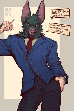 bottomwear clothing fangs flirting flirting_with_viewer for_a_head fur hand_in_pocket licking licking_lips looking_at_viewer male necktie pants pockets simple_background solo suit talking_to_viewer teeth text tongue tongue_out ekzonzz dispatch sonar_(dispatch) animal_head animal_humanoid bat humanoid mammal werebat werecreature absurd_res colored english_text guide_lines hi_res