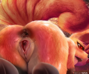 ahegao anus bedroom_eyes butt cervix clitoral_hood clitoris female female_feral feral fur genitals heart_pupils heart_symbol humanoid_genitalia humanoid_genitalia_on_feral humanoid_vulva humanoid_vulva_on_feral inner_labia looking_at_viewer looking_back looking_pleasured multi_tail narrowed_eyes open_mouth presenting presenting_hindquarters presenting_vulva red_body red_fur seductive solo spread_vulva spreading tail text tongue tongue_out vulva v-tal nintendo pokemon generation_1_pokemon pokemon_(species) vulpix url