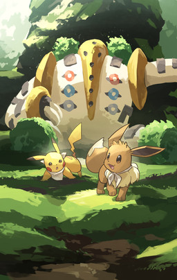 ambiguous_gender brown_body brown_eyes brown_fur female feral fur grass group male open_mouth paws plant tail tongue trio white_body yellow_body hakkentai_pkdn nintendo pokemon eevee generation_1_pokemon generation_4_pokemon humanoid legendary_pokemon pikachu pokemon_(species) regigigas 2025 hi_res