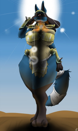 anthro armor big_breasts breast_squish breasts clothing desert egyptian female fuzzy gold_(metal) gold_jewelry jewelry low-angle_view paws red_eyes shoulder_pads smile solo squish sun thick_thighs thorns discordriderr34 steveskunk nintendo pokemon generation_4_pokemon lucario pokemon_(species) hi_res
