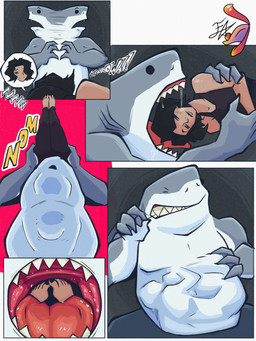 abdominal_bulge anthro anthro_pred belly big_belly black_hair duo female female_prey grey_body hair hand_on_belly human_prey male male/female male_pred neck_bulge open_mouth oral_vore prey_outline same_size_vore short_hair vore white_body felixjojoestar dc_comics suicide_squad king_shark ratcatcher_(character) aquatic fish human mammal shark 3:4 absurd_res comic hi_res