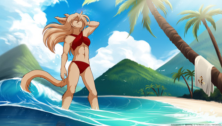 abs ambient_silhouette anthro arm_tuft athletic athletic_anthro athletic_female beach bikini breasts clothed clothing cloud criss-cross_bikini digitigrade elbow_tuft eyes_closed female fur hair hand_behind_head long_hair midriff mountain navel outside palm_tree partially_submerged plant pose red_bikini red_clothing red_swimwear sea seaside silhouette skimpy sky smile solo swimwear text towel tree tuft two-piece_swimsuit water wave wet wind conditional_dnp tom_fischbach twokinds king_adelaide ambient_bird ambient_flier avian basitin bird mammal 2021 7:4 adobe_photoshop_(artwork) colored digital_media_(artwork) hi_res url