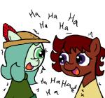 clothing duo earth_pony emerald_jewel_(colt_quest) english_text equid equine fan_character feathers female feral ficficponyfic hasbro hat headgear headwear horse laugh male mammal my_little_pony pony ruby_rouge_(colt_quest) simple_background text