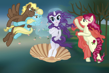bedding blanket blonde_hair cutie_mark detailed_background female feral flower flying front_view group hair horn hug male outside plant purple_hair red_hair seashell shell standing tree water wind wings pumqin birth_of_venus friendship_is_magic hasbro my_little_pony mythology compass_star_(mlp) rarity_(mlp) rose_(mlp) sassaflash_(mlp) earth_pony equid equine horse mammal mythological_creature mythological_equine pegasus pony unicorn 3:2 hi_res inspired_by_formal_art