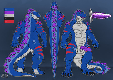 anthro back_spikes black_claws black_sclera blue_body butt claws color_swatch erection front_view genitals head_spikes looking_at_viewer male male_anthro muscular muscular_anthro muscular_male nude open_mouth overweight overweight_anthro overweight_male penis purple_eyes purple_penis purple_tongue rear_view red_stripes scales simple_background solo spiked_tail spikes spikes_(anatomy) standing striped_arms striped_legs stripes tail toe_claws tongue white_body white_scales hufnaar kian_(fenrir_garou) dinosaur prehistoric_species reptile scalie 2024 dated hi_res