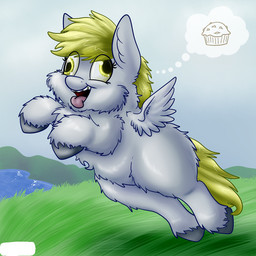 ambiguous_feral ambiguous_gender blonde_hair cupcake derp_eyes eyelashes featureless_crotch feral food fur grass grey_body grey_fur grey_hooves grey_wings hair hooves imagination jumping nature nature_background open_mouth outside plant quadruped silly_face solo spread_wings tail teeth thinking thought_bubble tongue tongue_out water wings yellow_eyes yellow_tail young young_ambiguous young_feral anonymous_artist fluffy_pony friendship_is_magic hasbro my_little_pony mythology derpy_hooves_(mlp) equid equine fluffy_pony_(species) mammal mythological_creature mythological_equine pegasus 1:1 digital_media_(artwork) shaded