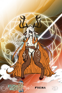 anthro antlers brown_body brown_fur female flat_chested freckles fur fur_markings fusion hair hooves horn light_body light_skin long_hair looking_at_viewer markings multicolored_hair nipples nude nude_anthro nude_female one_eye_obstructed orange_hair red_eyes red_nose scut_tail short_tail solo tail thick_thighs white_hair zerospanda freya_agalith reina_redhoof animal_humanoid deer deer_humanoid faun humanoid mammal mammal_humanoid satyr hi_res