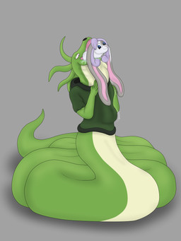anthro apode duo feet_first female head_in_mouth legless male neck_bulge oral_vore serpentine swallowing vore fluffylatios draconcopode lagomorph leporid mammal naga rabbit reptile scalie snake 3:4 absurd_res hi_res