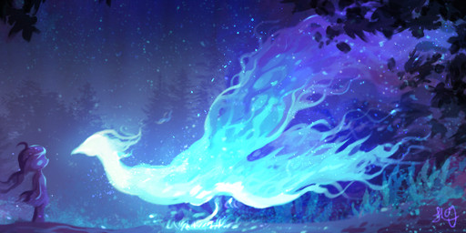 ambiguous_gender blue_body duo feral forest forest_background glowing glowing_body hair long_hair looking_at_another nature nature_background night outside plant shrub side_view silhouette sky standing star starry_sky tree chiayeeee avian human mammal 2016 digital_drawing_(artwork) digital_media_(artwork) full-length_portrait portrait signature