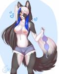 anthro blue_hair blush bottomwear bra breasts clothed clothing denim denim_clothing female grey_hair hair heart_symbol holding_bra holding_clothing holding_object holding_underwear long_hair looking_at_viewer nipples one_eye_closed pink_nose pose shorts solo tongue tongue_out topless underwear white_hair wink yellow_eyes kitsunewaffles-chan kriana canid canine mammal 2014 dated digital_media_(artwork) hi_res pinup shaded