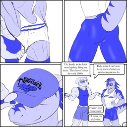 5_fingers abs anthro back_groove balls_outline baseball_cap biceps bottomwear bulge classroom clock clothed clothing detailed_bulge dialogue duo eyes_closed eyewear fingers genital_outline glasses growth hand_on_hip hat headgear headwear jewelry male muscle_growth muscular muscular_anthro muscular_male necklace open_mouth pawpads pecs penis_outline school shorts sleeveless_shirt smile speech_bubble text tight_clothing watch wristwatch nx-42 immelmann_(character) sands canid canine canis domestic_dog mammal scalie 1:1 absurd_res comic english_text hi_res