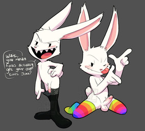 anthro balls blush circumcised clothing erection flaccid fur genitals humanoid_genitalia humanoid_penis legwear male multicolored_clothing multicolored_legwear multicolored_stockings penis rainbow_clothing rainbow_legwear rainbow_stockings sharp_teeth shortstack shortstack_male slim smug solo stockings teeth text thick_thighs thigh_highs thigh_lines tongue tongue_out white_body white_fur tommybunz sam_and_max max_(sam_and_max) lagomorph leporid mammal rabbit digital_media_(artwork) english_text hi_res