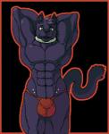 abs anthro big_bulge black_background black_nose border bulge clothed clothing collar fur green_eyes male muscular muscular_anthro muscular_male purple_body purple_fur red_border simple_background solo thong topless underwear dante-feline rujo_(dante-feline) felid mammal pantherine low_res