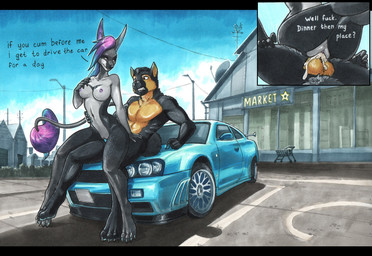4_toes 5_fingers animal_genitalia anthro anthro_on_anthro anthro_penetrated anthro_penetrating bodily_fluids breasts canine_genitalia car cum cum_inside detailed_background duo feet female fingers fur genital_fluids genitals hair hand_on_breast knot knotted_penis knotting male male/female multicolored_body multicolored_fur multicolored_hair nipples on_bottom on_top outside penetration penis public public_sex reverse_cowgirl_position sex sex_on_car sex_on_vehicle text toes vehicle vulva ewgengster nissan nissan_gt-r nissan_skyline martin_(qckslvrslash) naomi_(dragonhenge) acrador canid canine canis domestic_dog jackal mammal 2020 english_text marker_(artwork) traditional_media_(artwork)