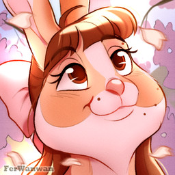 accessory ahoge anthro bangs bow_ribbon brown_eyes brown_hair cherry_blossom eyelashes female flower hair hair_accessory hair_bow hair_ribbon looking_up petals plant prunus_(flower) ribbons smile solo ferwanwan fer_(ferwanwan) lagomorph leporid mammal rabbit 1:1 2022 icon low_res watermark