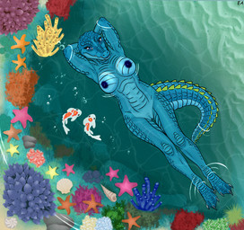 4_toes ambiguous_feral ambiguous_gender anthro areola arms_bent black_eyes blue_areola blue_body blue_claws blue_clitoral_hood blue_eyes blue_lips blue_nipples blue_scales blue_scar blue_tail breasts bubble canadian claws closed_smile eyelashes facial_scar fangs feet female female_anthro feral fin genitals group hands_behind_head high-angle_view humanoid_genitalia humanoid_vulva larger_anthro larger_female lidded_eyes light lips long_tail looking_at_viewer looking_up looking_up_at_viewer markings medium_breasts membrane_(anatomy) mismatched_genitalia mismatched_humanoid_vulva mismatched_vulva mouth_closed multicolored_body multicolored_scales nipples no_eyebrows non-mammal_breasts non-mammal_nipples non-mammal_vulva nude nude_ambiguous nude_anthro nude_female open_mouth open_smile orange_markings outside pink_body ripples rock scales scar scuted_tail scutes seashell shell size_difference smaller_ambiguous smaller_feral smile smiling_at_viewer straight_legs swimming tail tail_fin tan_shell teeth toe_claws toes two_tone_body two_tone_scales two_tone_tail vulva water webbed_feet white_body white_fin white_sclera yellow_body yellow_scutes evilangel_art natyna_tiduna alligatorid ambient_fish ambient_sealife amur_carp anthozoan aquatic asterozoan azurlligator carp cnidarian coral crocodilian cyprinid cypriniform echinoderm fish koi reptile scalie starfish typical_carp 2026 absurd_res colored digital_drawing_(artwork) digital_media_(artwork) english_description hi_res lighting shaded signature