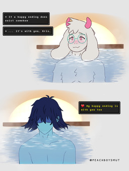 ambiguous_gender anthro blue_body blue_hair blue_skin blush dialogue duo embarrassed eyewear eyewear_only femboy front_view fur glasses glasses_only green_eyewear green_glasses hair horn hot_spring long_ears male male/ambiguous male_anthro nude obscured_eyes onsen pink_eyes simple_background sunset text text_box water wearing_glasses white_body white_fur peachboysmut deltarune undertale_(series) kris_dreemurr ralsei bovid caprine darkner goat human mammal 2026 absurd_res comic english_text hi_res nonbinary_(lore)