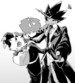 accessory anthro backpack black_body black_scales black_sclera blush clothing group male necktie scales school_uniform trio uniform dokk_q bandai_namco digimon digimon_beatbreak hiro_amanokawa digimon_(species) gammamon gulusgammamon human mammal scalie monochrome