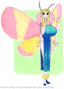4_arms ankle_tuft anthro arm_tuft big_breasts black_eyes blonde_hair breasts clothing dress exoskeleton female fluffy footwear fuzzy hair high_heels hip_tuft huge_breasts insect_wings larger_female leg_tuft lepidopteran_wings long_hair moth_antennae multi_arm multi_limb neck_tuft pink_body shoes size_difference slim small_waist smile smiling_at_viewer solo tall tuft wings wrist_tuft notrip tineola arthropod insect lepidopteran moth rosy_maple_moth