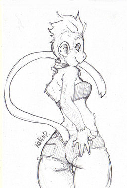 anthro blush bottomwear bra breasts butt clothed clothing eyebrows eyelashes female hair hand_on_butt hotpants looking_at_viewer looking_back nails shorts side_boob simple_background solo text underwear white_background krakenparty haplorhine mammal monkey primate 2019 black_and_white english_text monochrome signature sketch traditional_media_(artwork)