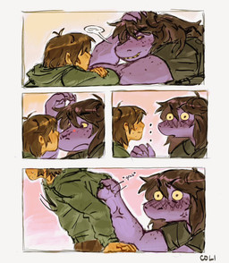 anthro brown_hair clothing duo female freckled_arms freckled_face freckles green_clothing green_shirt green_topwear hair kissing purple_body shirt topwear yellow_sclera colicolicolicoli deltarune undertale_(series) kris_dreemurr susie_(deltarune) human mammal scalie 2025 comic hi_res nonbinary_(lore)