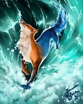 ambiguous_gender black_lips blue_body blue_fur eyes_closed feral fur lips orange_body orange_fur solo transformation walking_on_water water whiskers charlatan-of-doom canid canine fox mammal 4:5 hi_res