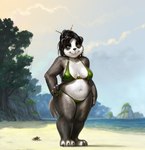 3_toes anthro beach bikini black_body black_fur black_hair claws clothing countershade_torso countershading feet female fur green_bikini green_clothing green_eyes green_swimwear hair hand_on_hip seaside slightly_chubby slightly_chubby_anthro slightly_chubby_female solo swimwear toe_claws toes two-piece_swimsuit white_body white_fur kujalla blizzard_entertainment warcraft bear mammal pandaren 2024 hi_res