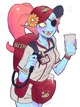 backpack bottomwear clothing container cup eye_patch eyewear fanny_pack female fin flower hat headgear headwear holding_object name_tag plant shorts simple_background solo standing topwear white_background work_uniform noaharbre undertale undertale_(series) undyne aquatic fish humanoid monster hi_res