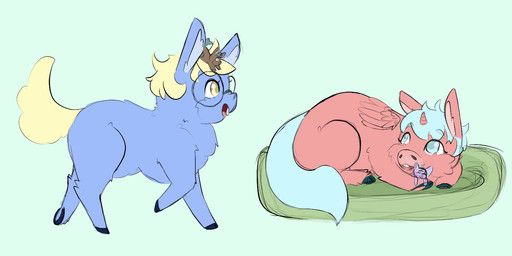 1_horn ambiguous_feral ambiguous_gender black_hooves blonde_hair blue_body blue_eyes blue_fur blue_hair blue_hooves blue_tail brown_body brown_fur buckteeth carrying_another cushion eyelashes eyewear feral fur glasses hair hooves horn looking_at_another neonate open_mouth pink_body pink_fur pink_horn pink_wings purple_body purple_fur side_view sitting smile spiral_horn tail teal_hooves teeth walking wearing_glasses wings yellow_eyes yellow_tail young young_ambiguous young_feral lemoncurds fluffy_pony mythology equid equine fluffy_pony_(species) mammal mythological_creature mythological_equine winged_unicorn 2021 digital_media_(artwork) hi_res