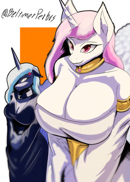 abstract_background anthro bare_shoulders big_breasts black_eyes blue_body blue_fur blue_mane breast_envy breast_size_difference breasts cleavage clothed clothing cross-popping_vein curvy_figure dress duo emanata eyelashes feathered_wings feathers female fur horn huge_breasts long_mane mane mane_over_eye off_shoulder pink_eyes pink_mane smile snout strapless_clothing strapless_dress text unicorn_horn voluptuous voluptuous_anthro voluptuous_female white_body white_clothing white_dress white_fur wings beltimerperbus friendship_is_magic hasbro my_little_pony mythology princess_celestia_(mlp) princess_luna_(mlp) equid equine mammal mythological_creature mythological_equine winged_unicorn 2025 absurd_res artist_name digital_drawing_(artwork) digital_media_(artwork) hi_res signature sibling_(lore) sister_(lore) sisters_(lore)