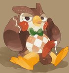 anthro balls beak bodily_fluids bow_tie brown_balls chibi cum feet genital_fluids genitals green_bow_tie leaking_cum looking_at_viewer male shadow simple_background solo yellow_beak yellow_feet masshiro animal_crossing nintendo blathers_(animal_crossing) avian bird owl