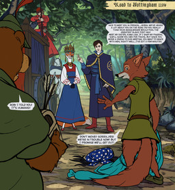 4_fingers anthro arrow_(weapon) blue_clothing blue_dress bow_(weapon) branch carriage caught caught_in_the_act chest_(container) clasped_hands clothing confrontation dialogue dirt_road discarded_clothing dress female fingers group hat headdress headgear headwear holding_chest holding_object male narrowed_eyes noble noblewoman outside plant ranged_weapon rock scabbard smug standing tail tree tree_trunk weapon wig yellow_eyes sir_paulus disney robin_hood_(disney) lisabeth_(lord_paulus) little_john pavel_(sir_paulus) robin_hood bear brown_bear canid canine canis equid equine fox horse human mammal ursine hi_res