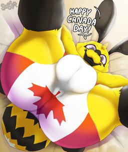 antennae_(anatomy) anthro balls_outline bed big_bulge big_butt bottomwear bulge butt canadian_flag clothed clothing detailed_bulge dialogue flag flag_clothing flag_print fur furniture genital_outline holidays looking_at_viewer lying male maple_leaf multi_arm multi_limb on_back on_bed partially_clothed presenting presenting_hindquarters simple_background solo suggestive suggestive_pose tail text underwear yellow_body soomir canada_day hectar_(soomir) arthropod bee hymenopteran insect absurd_res digital_media_(artwork) english_text hi_res