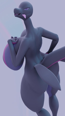 anthro big_breasts breasts eyes_mostly_closed female fingers grey_background grey_body hand_on_hip hand_on_own_breast hand_on_own_hip huge_breasts light long_neck looking_at_viewer looking_back looking_back_at_viewer narrowed_eyes nipples no_eyebrows non-mammal_nipples nude nude_anthro nude_female pink_tongue purple_eyes purple_sclera simple_background solo tail thick_thighs tongue furkobayashi valorlynz_(modeler) nintendo pokemon generation_7_pokemon pokemon_(species) salazzle 3d_(artwork) 9:16 blender_(artwork) digital_media_(artwork) hi_res lighting portrait shaded three-quarter_portrait