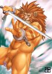 anthro balls circumcised circumcision_scar cuff_(restraint) flaccid genital_scar genitals humanoid_genitalia humanoid_penis male melee_weapon muscular muscular_anthro muscular_male nude penis restraints scar shackles solo sword weapon bomb_(artist) red_earth leo_(red_earth) felid lion mammal pantherine 2013